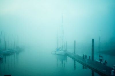 两个人沿着棕色的木船码头散步，薄雾笼罩着码头